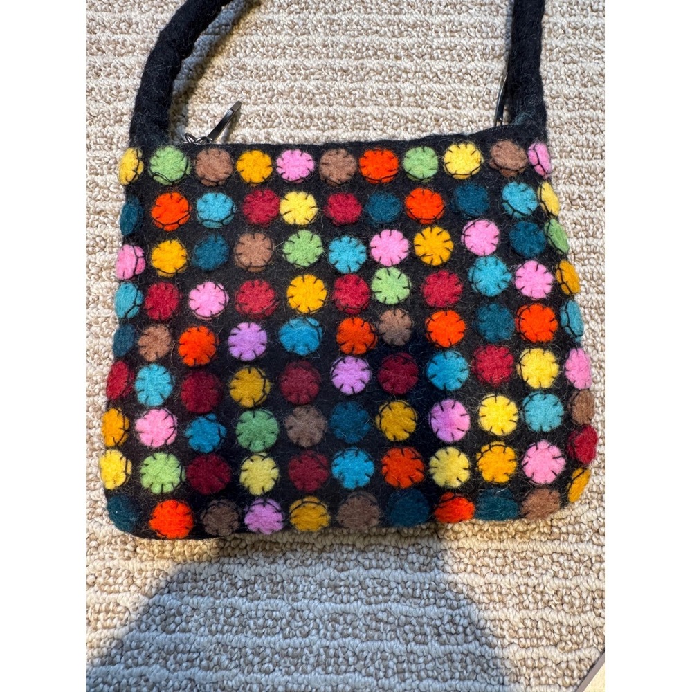Chuckle Berries Handmade Boiled Wool Crossbody Bag Nepal Multi Color Felted Dots